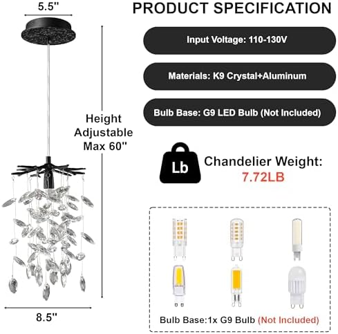 8.3" Black Crystal Pendant Light for Kitchen Island, Modern Tree Branch Chandeliers, Luxury Round Raindrop Chandelier Pendant Lights Fixture for Dining Room, Living Room, Bedroom, Foyer, Entryway - Image 3
