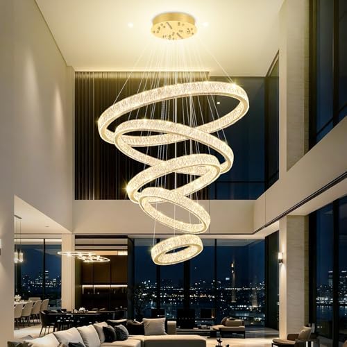 Modern Gold Ring Chandelier for High Ceiling Foyer,Large Crystal Chandelier for Staircase Villa D8''+15.7"+23.6"+31.5"+39.4" by IDEQUY