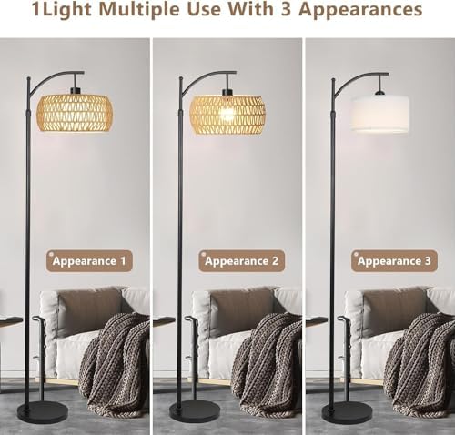 Arc Floor Lamps for Living Room Rattan Boho Floor Lamp with Remote Control,Dimmable LED Floor Lamps Wicker Lamp Shades Black Standing Lamp with 3 Color Temperature Tall Floor Lamp For Bedroom Corner - Image 3
