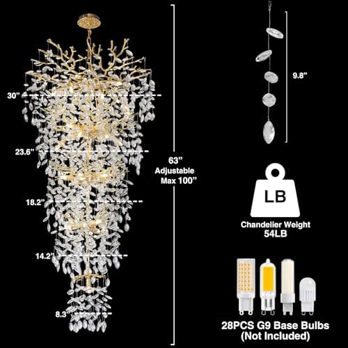 118'' Long Chandelier for High Ceiling, 28-Light Luxury Gold Tree Branch Crystal Chandelier, Large Chandeliers for High Ceilings Staircase Foyer Entryway, 5-Tier Modern K9 Crystal Raindrop Fixture - Image 4