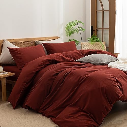 BESTOUCH Cotton Solid Duvet Cover Set Fired Brick Red Oversized Queen - Image 5