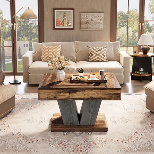 Tribesigns Square Coffee Table, Wood Center Table for Living Room, 31.5" Modern Cocktail Tea Accent Table, Rustic Brown & Black - Image 4