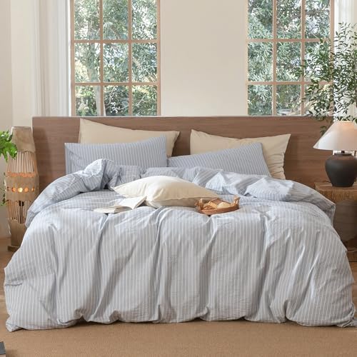 MooMee Striped Duvet Cover Set 100% Washed Cotton Linen Like King by MOOMEE