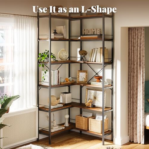 Huuger 6 Tier Bookshelf, L Shaped Corner Bookshelf with Open Shelves, 49.4 Inch Straight Wide Bookcase with Metal Frame and Wooden Board, Adjustable Feet, Rustic Brown - Image 2