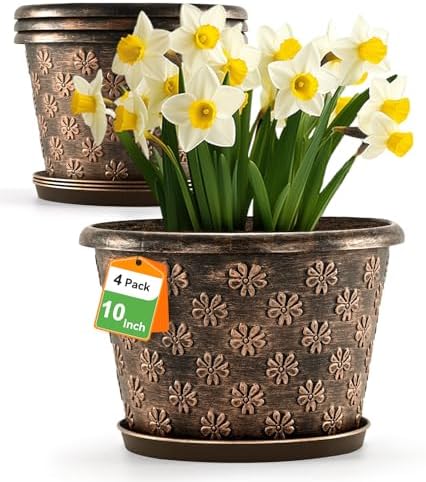 10 Inch Planter Pots for Plants, 4 Pack Plastic Large Flower Pots Indoor Outdoor, Resin Plant Pot with Drainage & Saucer, Retro Decorative Garden Pot with Removable Trays for House by FlowyypoPlantPot