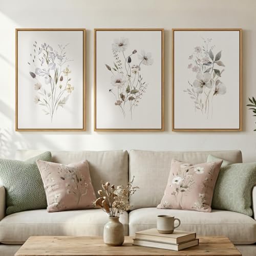 Framed 3 Piece Neutral Floral Botanical Wall Art for Living Room, 16x24 In by Cuspin