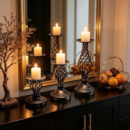 GOESWELL Black Pillar Candle Holder: Vintage Candle Holders Set of 3 for Table Centerpieces Mantle Living Room - Metal Openwork Candle Sticks Holder Decor for Farmhouse Wedding - Image 5