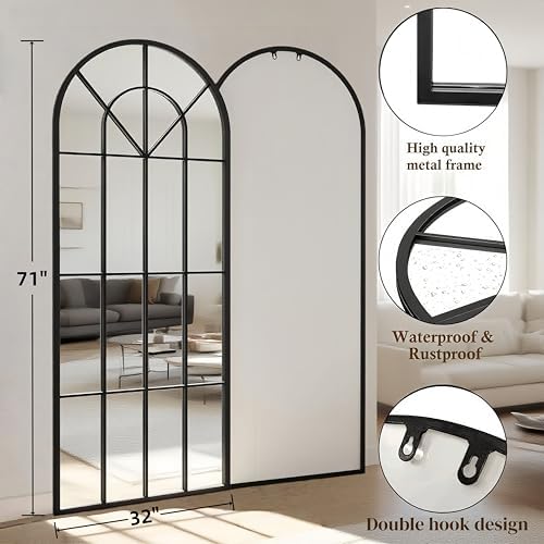 Dewfig Arched Windowpane Floor Mirror, 71"x 32" Full Length Mirror, Black - Image 7