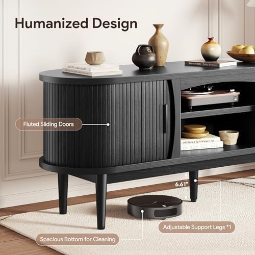 Decofy Mid Century TV Stand for TVs up to 65 Inches, Entertainment Center with Storage, Power Outlet, Fluted Sliding Doors & Adjustable Shelves, Modern Media TV Console Table for Living Room (Black) - Image 5