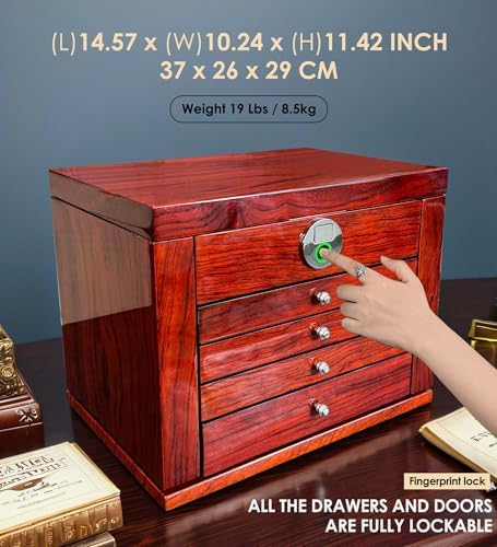 Jewelry Box Wood Jewel Organizer with Fingerprint Lock Safe, 7-Layer Large Locking Jewelry Storage Box with Necklace Hanger for Women Mens Gift (5L-RS) - Image 2