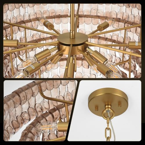 36-Inch 4-Tier Smoke Gray Glass Chandelier, 12-Light Brass Chandelier - Image 5
