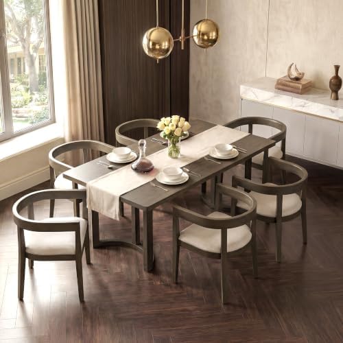 VilroCaz Acacia Wood 7 Piece Dining Table Set with 6 Upholstered Chairs by VilroCaz