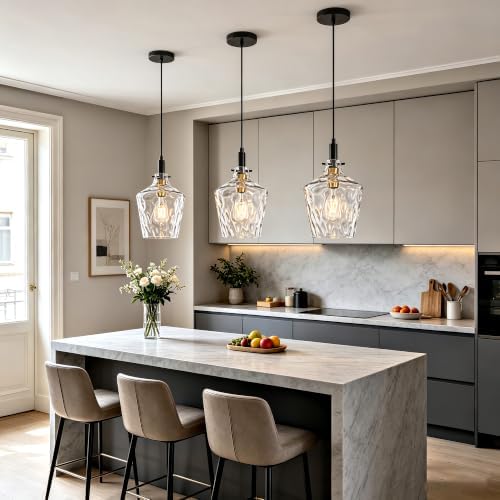 Hammered Glass Pendant Light for Kitchen Island 2 Pack Black Gold 8 Inch - Image 6