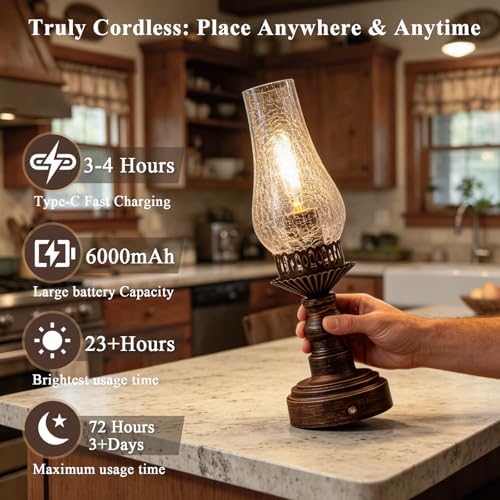 Vintage Touch Control Cordless Table Lamp, Rechargeable Rustic Table Lamp, Battery Operated Portable Retro Table Lamp, 3-Color Dimmable for Bedroom, Nightstand (Transparent) - Image 4