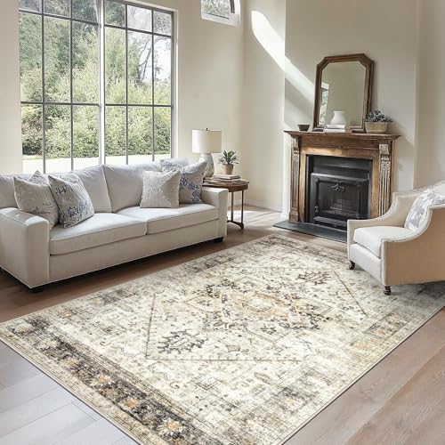 Amada 6x9 Washable Area Rug for Dining Room, Yellow, Vintage Pattern by AMADAHOMEFURNISHING