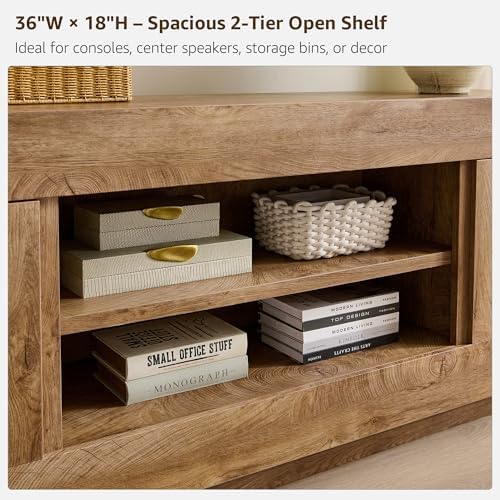 OKD 70" TV Stand for 80" TV, Thick Block Media Console, Light Knotty Oak - Image 5