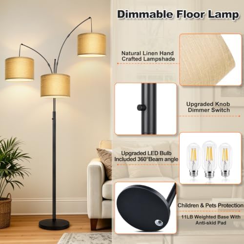 Nintiue Dimmable Floor Lamp - 3 Lights Gold Arc Floor Lamps for Living Room, 1000LM Modern Tall Standing Lamp with Black Shades&Heavy Base,3 LED Bulbs Included-Champagne - Image 4