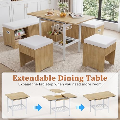 Extendable 6-Piece Breakfast Nook Set with Storage Benches & Stools, Corner Dining Table Set with Wine Glass Holder, Space-Saving Kitchen Table for Indoor/Outdoor Use - Image 3