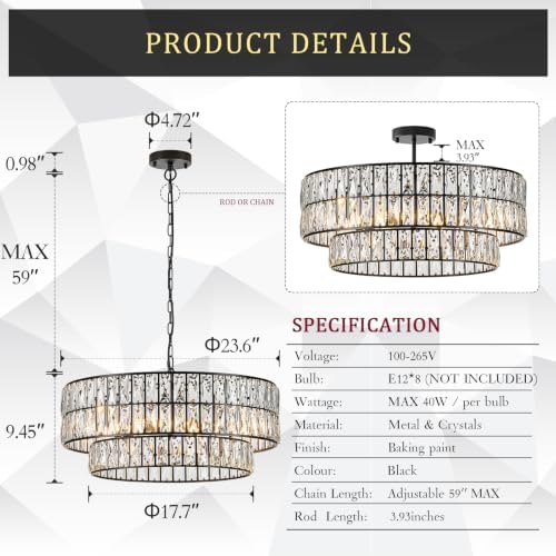 CATINER Black Crystal Chandelier 24" 8-Light Modern Semi Flush Pendant - Image 2
