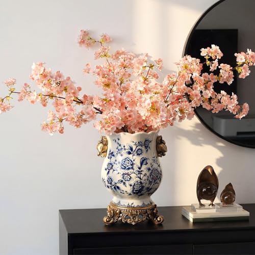 Vintage Blue and White Ceramic Vase with Gold Pedestal, Chinoiserie Floral Urn for Home Decor, 8.3" Antique French Country Retro Ice Cracked Centerpiece for Table, Mantel, and Fresh Flowers - Image 3