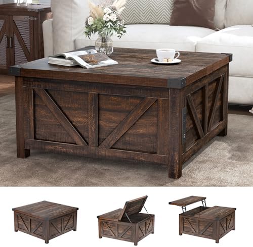 jimeimen Farmhouse Lift Top Coffee Table with Storage, Wood Square Center Table with Charging Station&USB Port, Living Room Table w/Large Hidden Space, for Living Room, Bedroom, Home Office, Brown - Image 5