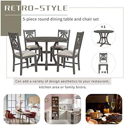 Harper & Bright Designs Retro Style Round Kitchen Dining Table Set for 4, 5 Piece Round Dining Table and 4 Fabric Chairs with Special-Shaped Table Legs and Storage Shelf, Gray - Image 6