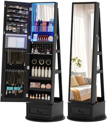 Vlsrka Mirror Jewelry Cabinet Standing with Lights, Lockable, Swivel, Black by VlsrkaFurniture