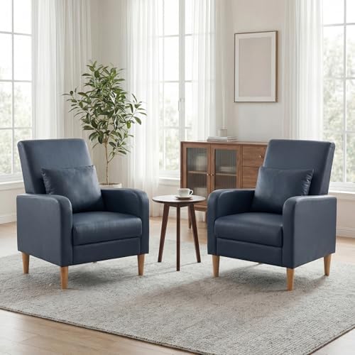 COLAMY Mid-Century Modern Accent Chairs Set of 2, Faux Leather Upholstered Living Room Chairs with Back Pillow & Solid Wood Legs, Comfy Armchair for Living Room, Bedroom, Single Sofa, Dark Blue by COLAMYHOME