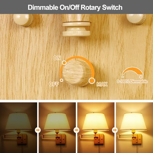TRLIFE Dimmable Wall Sconce Plug in, Wall Sconces Set of 2 Swing Arm Wall Lights with Plug in Cord and Dimmer On/Off Knob Switch, 11.8" Large White Fabric Shade(2 LED Bulbs Included, Oak Color) - Image 3