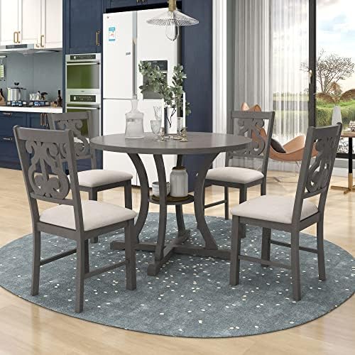 Harper & Bright Designs Retro Style Round Kitchen Dining Table Set for 4, 5 Piece Round Dining Table and 4 Fabric Chairs with Special-Shaped Table Legs and Storage Shelf, Gray - Image 3