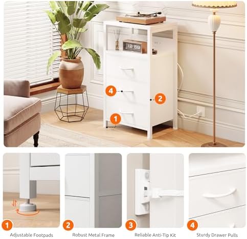 Lazzanto Night Stand with Charger Station, 3 Fabric Drawers, White - Image 6