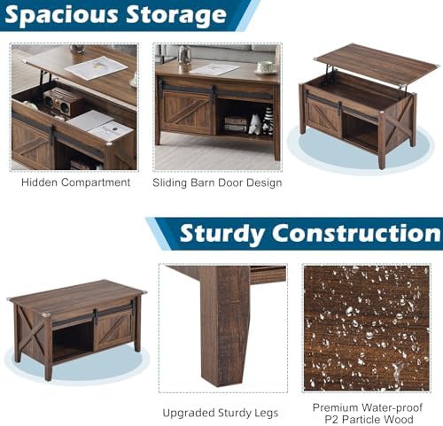 VINGLI Farmhouse Lift Top Coffee Table,36" Living Room Table,Espresso - Image 3