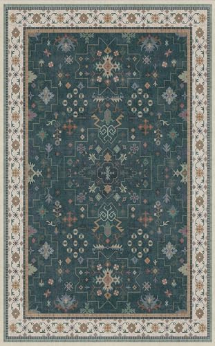 Hazo Haus Dark Green Oushak 5x8 Living Room Rug - Modern Vintage Boho Eclectic Floral Pastel, Washable Low Pile Non-Slip Large Area Rugs for Nursery Dining Under Table Bedroom Lounge - Image 3