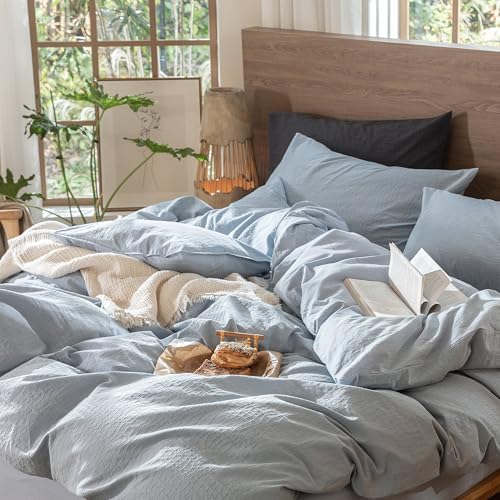 MooMee Wavy Striped Duvet Cover Set 100% Washed Cotton Linen Like Textured Breathable Durable Soft Comfy (Cornflower Blue, Cal King 104"x98") - Image 5