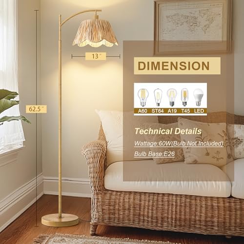 Oneach Boho Floor Lamp for Living Room, Farmhouse Standing Lamp with Foot Switch, Corner Reading Lamps for Bedroom with Hand-Woven Shade, Light Woodgrain Metal Base & Pole - Image 3