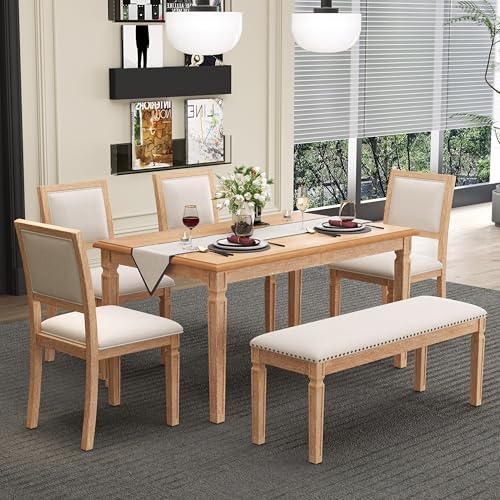 VilroCaz Farmhouse 6-Piece Dining Table Set, 59 to 72-Inch Extendable Dining Table with 4 Chairs & Bench, Vintage Kitchen Table Set with Distressed Finish and Retro Carved Legs (Natural-11.6) - Image 2