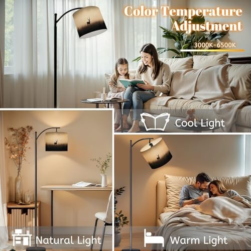 Arc Floor Lamp Silhouette Deer Big Antlers Foggy Dimmable Modern Standing Lamp with Remote Adjustable Drum Shade Footswitch Tall Pole Lamp for Living Room Bedroom - Image 5