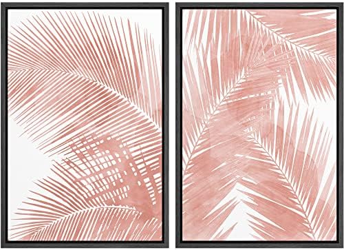 SIGNWIN Framed Canvas Print Wall Art Set Tropical Red Pastel Palm Leaf Plants Nature Wilderness Illustrations Modern Art Decorative Rustic Chic for Living Room, Bedroom, Office - 16"" x24 x2 Black by SIGNWIN