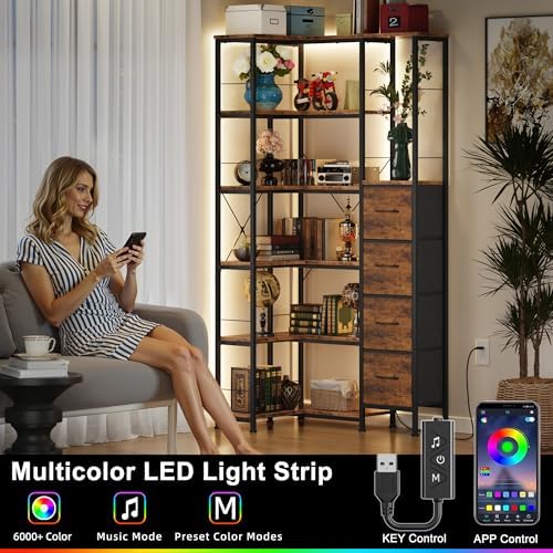 AFLUI 6-Tier Corner Bookshelf with LED and 4 Fabric Drawers - Image 3
