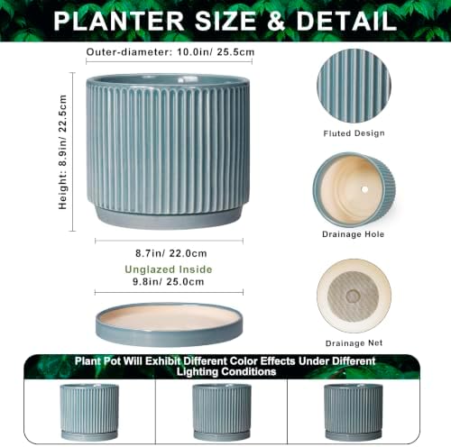 Ceramic Planter 10 Inch, Round Plant Pots with Saucer, Glaze Blue - Image 2