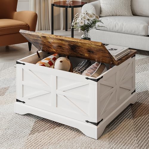 MXV Farmhouse Coffee Table with Storage, Square Coffee Tables for Living Room, Rustic Wood Center Table with Hinged Lifting Tabletop for Home, White - Image 6
