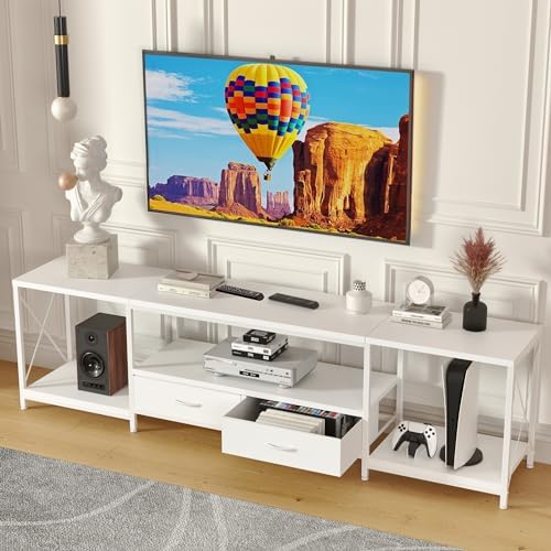 GYIIYUO TV Stand with Fabric Drawer for 65 70 75 Inches TV - Entertainment Center and Industrial TV Console Table with Open Storage Shelves for Living Room, Bedroom - 63" White by GYIIYUO