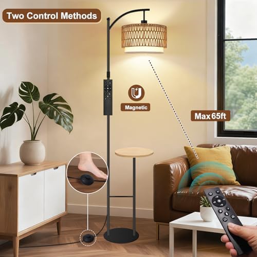 Vinaco Rattan Boho Floor Lamp with Table, Dimmable Remote & Foot Switch - Image 3
