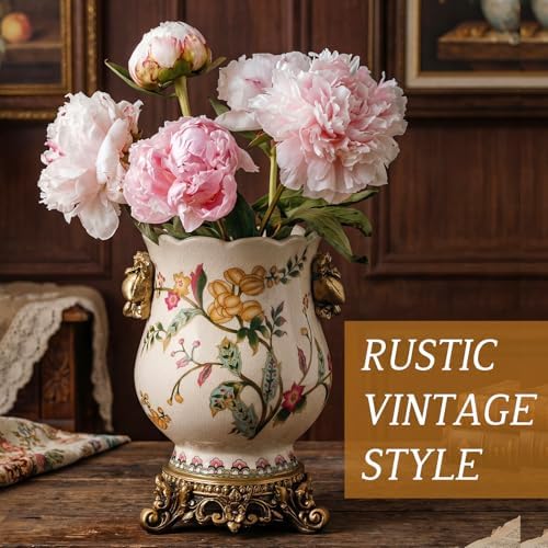 8.3" Ceramic Vintage Flower Vase with Gold Pedestal, Rustic Chinoiserie Floral Fruits Porcelain Urn for Home Decor, Antique French Country Farmhouse Centerpiece for Kitchen Table Entryway Mantel - Image 4
