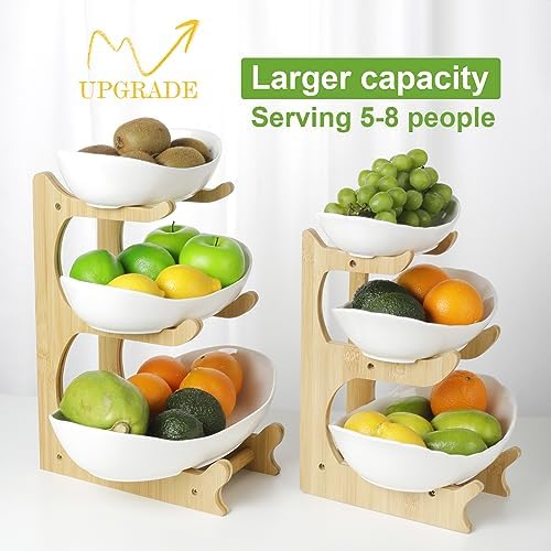 Seven Sparta 3 Tier Fruit Bowl for Kitchen Counter (PLUS Series) / Ceramic Serving Bowls with Bamboo Stand/Big Size Tiered Fruit Basket for Fruit Vegetable Storage, Dessert, Salad Buffet Server - Image 3