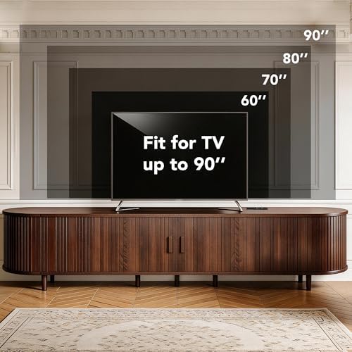 MXV 80" TV Stand with Sliding Doors for Living Room, Mid Century Modern Entertainment Center, TV Console with Fluted Door Cabinets and Power Outlet, Walnut - Image 6