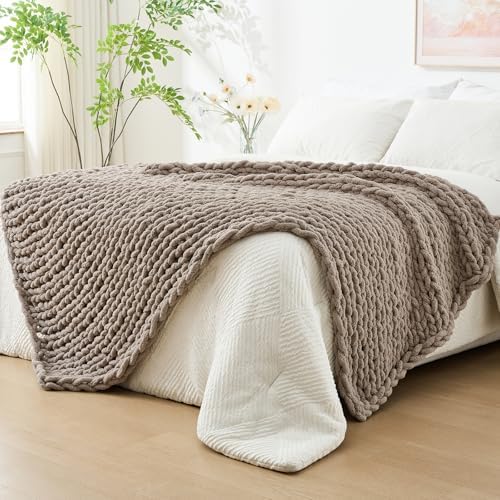 Bigacogo Chunky Knit Throw Blanket for Couch, 80x90 inches, Taupe by Bigacogo