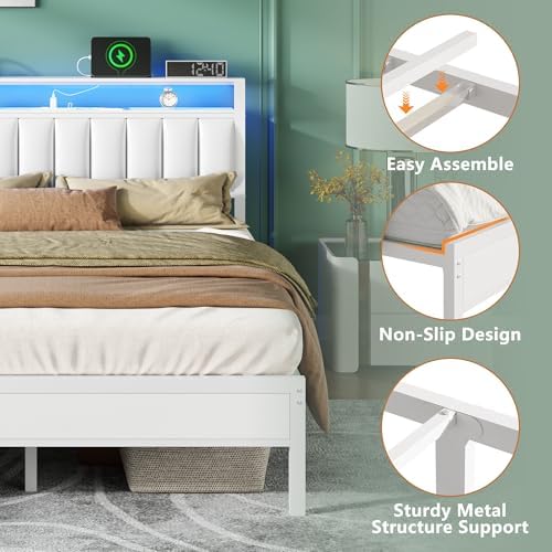 Furnulem White Queen Bed Frame with PU Upholstered Headboard & LED Lights - Image 6
