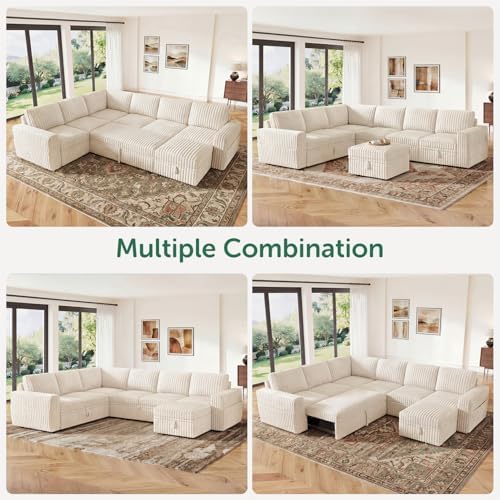HONBAY Modular Sectional Sleeper Sofa with Pull Out Bed,Corduroy U Shaped Couch with Storage, Sectional Couches for Living Room,Beige - Image 5