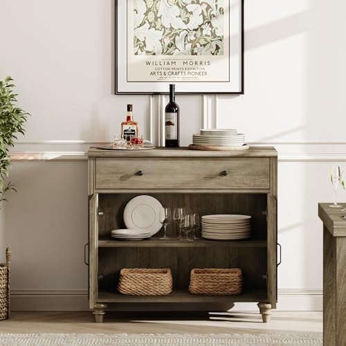 WAMPAT Farmhouse Buffet Cabinet with Doors & Drawer, Wash Grey, 34 inch - Image 3